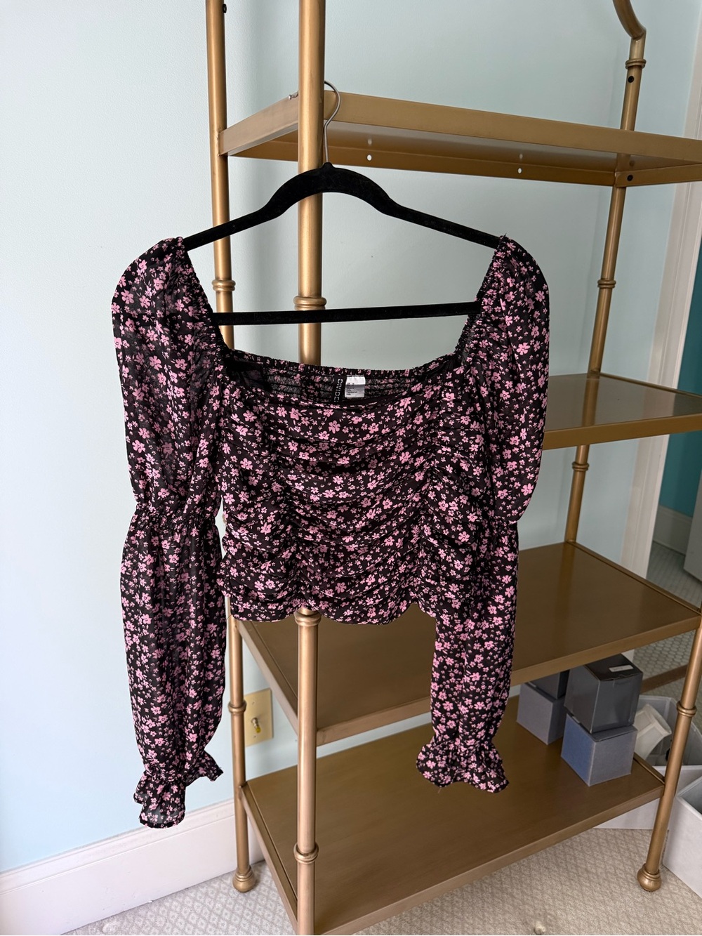 H&M Black Top with Pink Floral Square Neck and Ruched Bodice